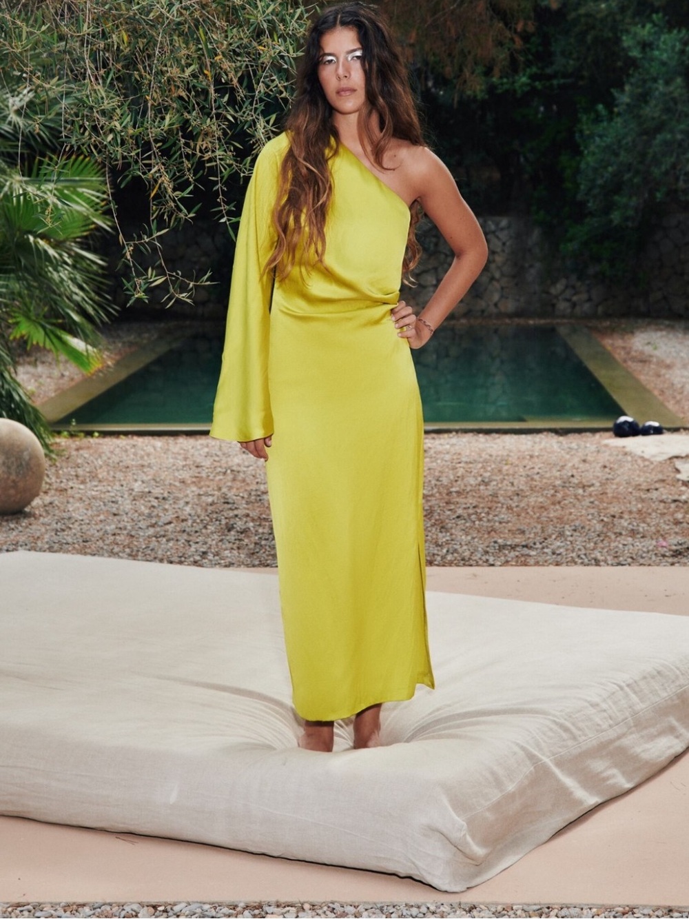 Zara One-Shoulder Lime Yellow Maxi Dress